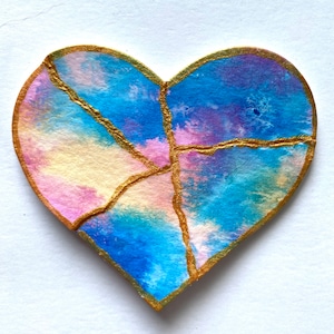 Kintsugi Mended Heart Ornament Magnet, one of a kind original painting multi color