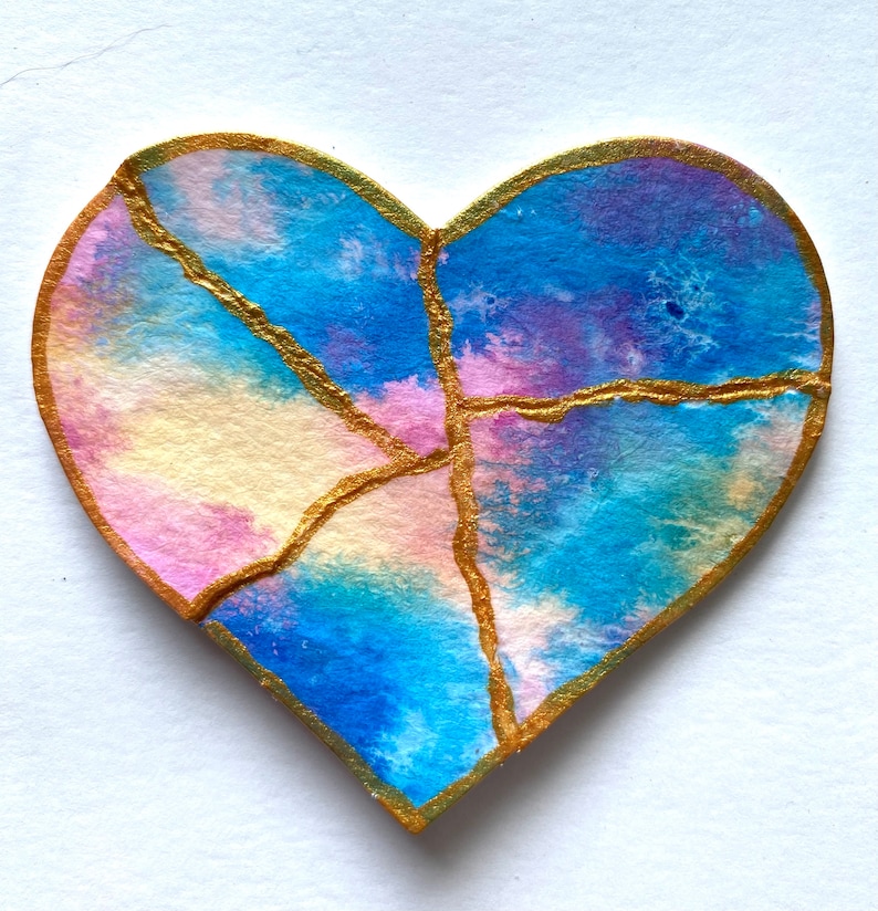 Kintsugi Mended Heart Ornament Magnet, one of a kind original painting multi color