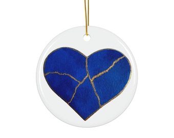 Kintsugi Mended Heart Christmas Ornament – Hand-Painted Design | Symbol of Transformation & Healing - Blue