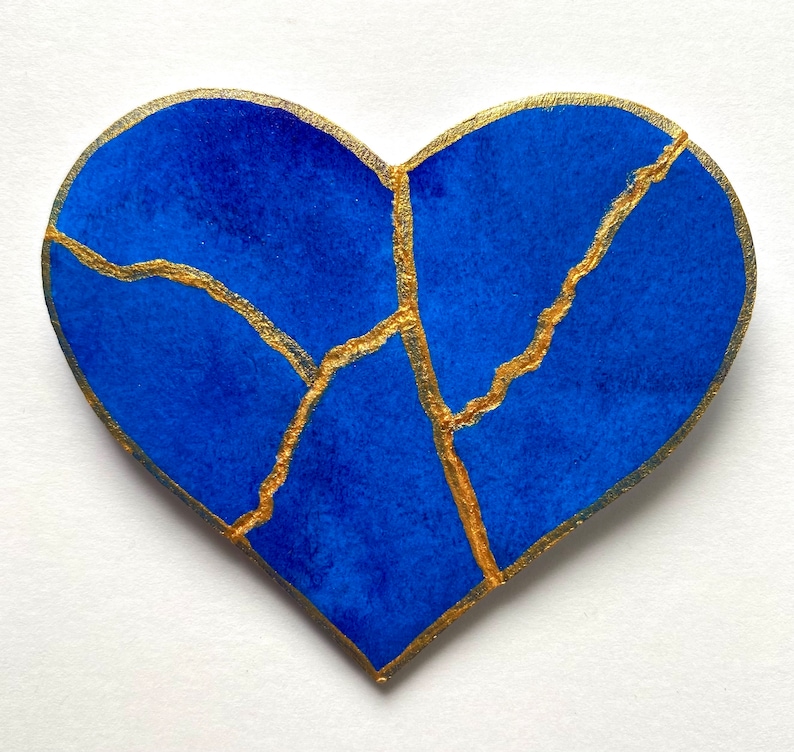 Kintsugi Mended Heart Ornament Magnet, one of a kind original painting Midnight