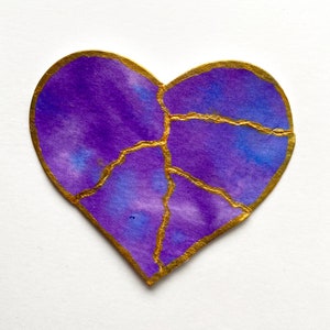 Kintsugi Mended Heart Ornament Magnet, one of a kind original painting Purple