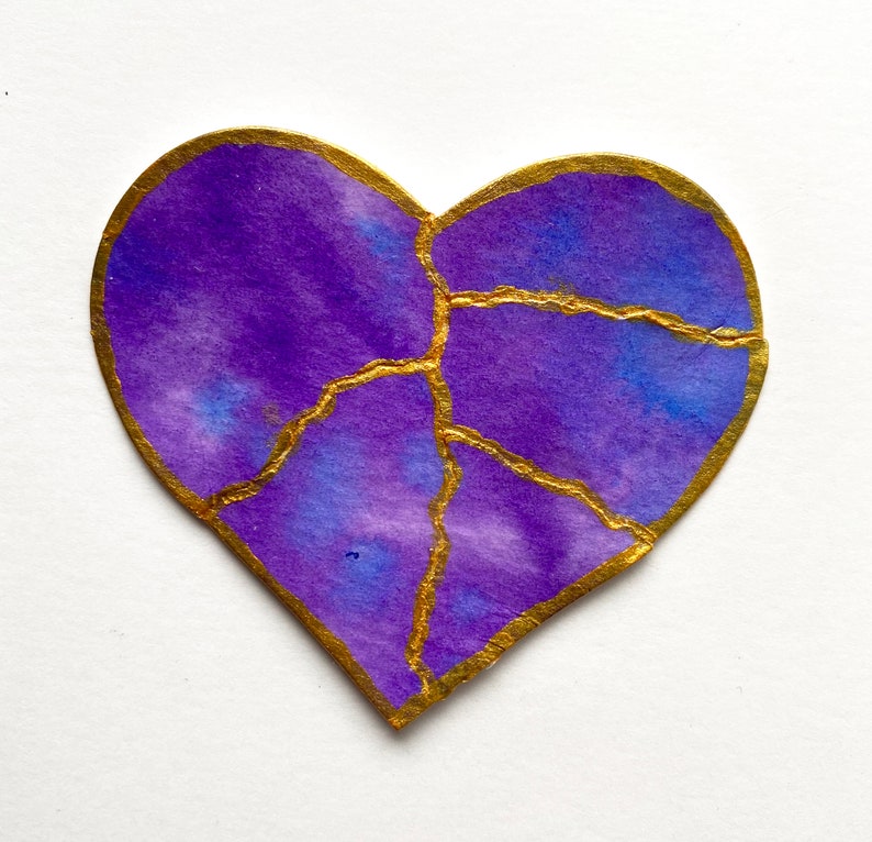 Kintsugi Mended Heart Ornament Magnet, one of a kind original painting Purple