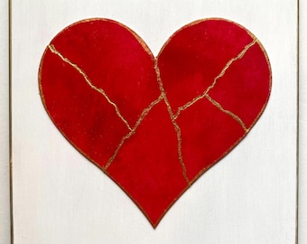 Kintsugi Mended Heart painting - original art, watercolor heart mounted on 6 x 6 wood background, KMH- 144