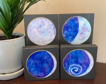 Moon Phase inspirational painting on wood block shelf art- graphite