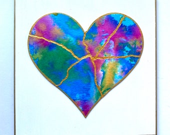 Kintsugi Mended Heart painting - original art, watercolor heart mounted on 6 x 6 wood background, KMH- 141