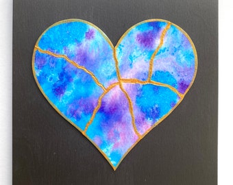 Kintsugi Mended Heart painting - original art, watercolor heart mounted on 6 x 6 wood background, KMH- 160