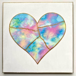 Kintsugi Mended Heart painting - original art, watercolor heart mounted on 6 x 6 wood background, KMH- 136