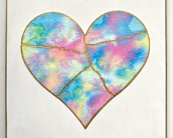 Kintsugi Mended Heart painting - original art, watercolor heart mounted on 6 x 6 wood background, KMH- 136