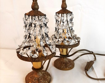 2 Metal bedside lamps with glass crystal drops Set of 2 Vintage Italian table lamps from the 70s Gift for Her Abat Jour