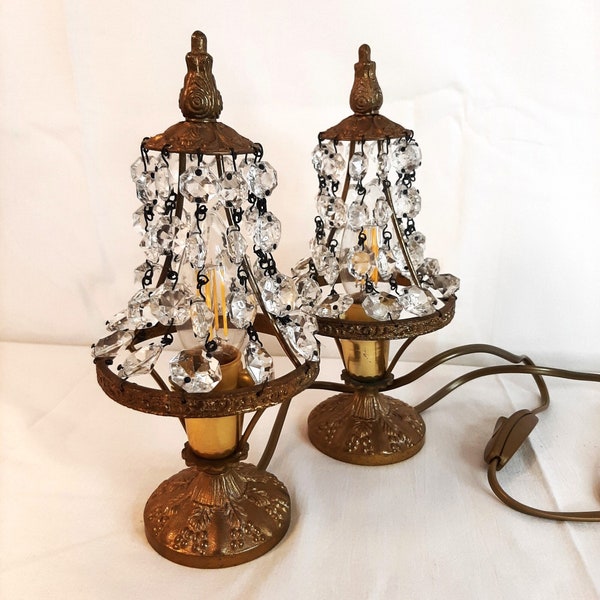 2 Metal bedside lamps with glass crystal drops Set of 2 Vintage Italian table lamps from the 70s Gift for Her Abat Jour