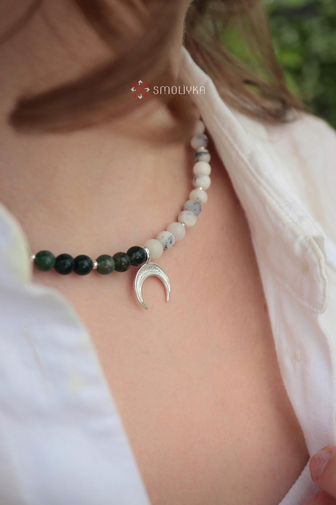 Green Agate & White Opal Beaded Necklace: Yin Yang Moon Pendant - Etsy Japan