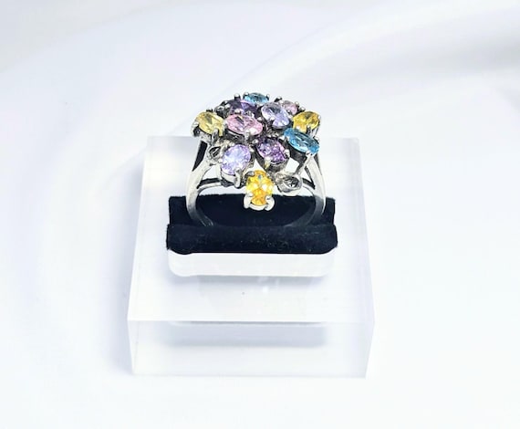 Vintage Multi-Gemstone Cluster Ring - Solid Sterl… - image 1