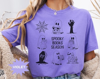Creepy Books Season Shirt, Comfort Colors® Ghost Reading Tee, Halloween Book Lover T-Shirt, Retro Spooky Librarian Gift, Fall Reading Top