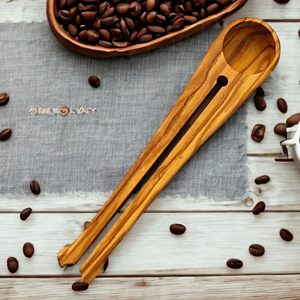 Coffee Scoop and Bag Clip, Olive Wood Coffee Spoon, Hardwood Kitchen Utensil, Loose Leaf Tea, Pour Over, French Press, Coffee Gift