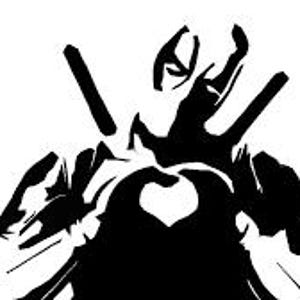 Puede incluir: Silueta en blanco y negro de un superhéroe con un corazón en el pecho y dos espadas detrás.