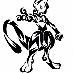May include: Black and white tribal style illustration of a Pokemon character, resembling a cat with a long tail and a fierce expression.