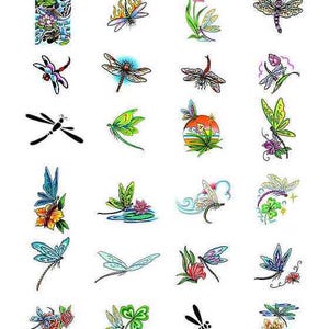 Peut inclure: Une collection de 18 motifs de tatouage de libellule. Les motifs présentent différentes couleurs, styles et détails, notamment des fleurs, des feuilles et des volutes.