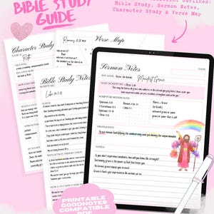 May include: A digital tablet displaying a printable Bible study guide with a pink and white colour scheme. The guide includes sections for character study, sermon notes, and verse mapping. The text on the screen reads "Manifest Grace" and includes scripture references. The tablet is resting on a white surface with a pink pen beside it.