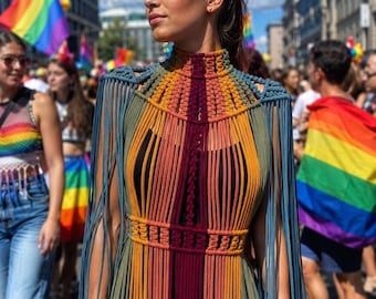 Pride rainbow fringe dress — Festival & rave outfit, Custom size XS–XXXL