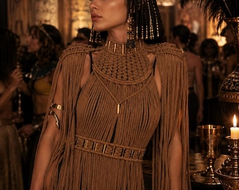 Caramel macrame Goddess dress — Handmade, Custom fit, 100% cotton, Cleopatra style