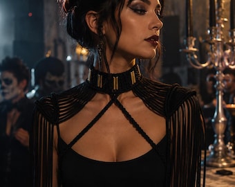 Gothic fringe epaulettes with choker — Festival shoulder armor, Custom size XS–XXXL