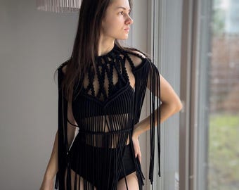 Black Macrame Fringe Dress: Gothic Goddess Festival Outfit
