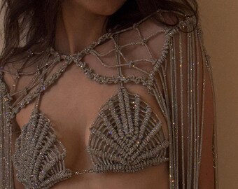 Rhinestone macrame epaulettes with fringe — Handmade shoulder armor for festival