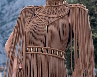 Caramel macrame Goddess dress — Handmade, Custom fit, 100% cotton, Cleopatra style