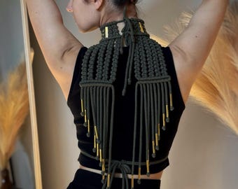 Macrame shoulder cape in green — Handmade epaulettes from cotton