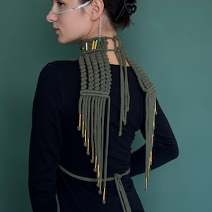 Fringe macrame epaulettes for festival or photoshoot, Shoulder jewelry, Rave outfit, Crop top, Festival outfit, Festival top, Choker collar