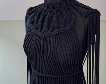Black Goddess macrame dress — 100% cotton, Handmade, Custom fit