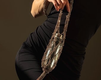 Gold rhinestone macrame bottle bag — For water bottle, wine