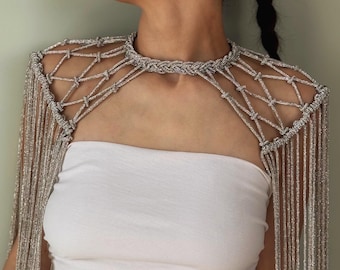 Rhinestone fringe epaulettes — Macrame shoulder armor with choker for festival — Custom size