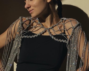 Fringe epaulettes from shimmering rhinestone cord — Macrame shoulder armor for rave outfit
