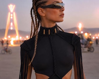 Black macrame fringe epaulettes — Goth choker necklace for rave outfit, Custom size XS–XXXL