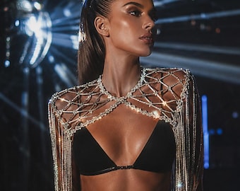 Rhinestone fringe epaulettes — Macrame shoulder armor for festival