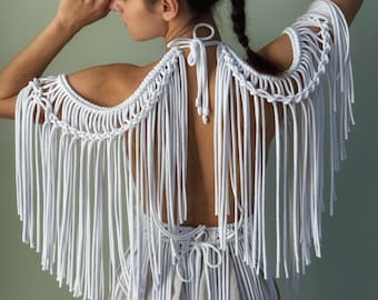 White Greek Goddess macrame dress — Custom fit, Handmade, 100% cotton