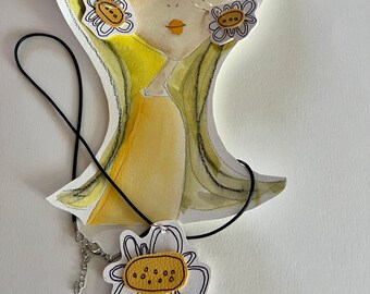 Necklace - Daisy  necklace and earrings- faux leather with a design on both sides.  White and Yellow