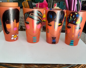 Makeup Holders, art supply holders, set of 4 unique painted plastic cups