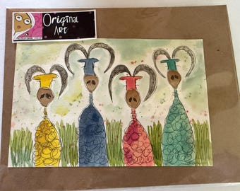 Arte - acuarela - Pintura original en acuarela - Carneros coloridos - 6x9 sin marco