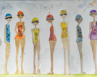 Original watercolor painting - 12x18 unframed - Swim Club - Beach practice