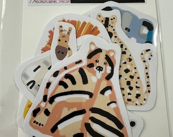 Animal Stickers - Set of 7 - Lion, Giraffe, Tiger, Panda Bear, Elephant, Polar Bear, Leopard