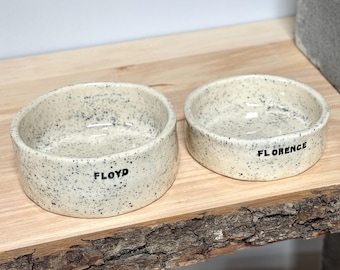 Personalized handmade ceramic cat bowl set, speckled glaze pottery, pet feeding station, dog lover gift