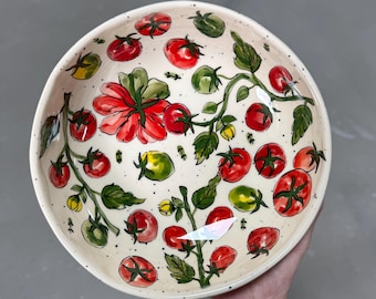 Tomato ceramic plate, handpainted salad bowl, deep stoneware plate, food safe serving dish, unique kitchen gift