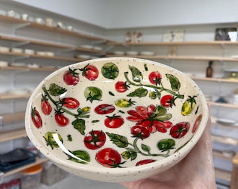 deep salad plate / hand painted / vegetable bowl / food safe / ceramic gift / stoneware plate / plate with tomato