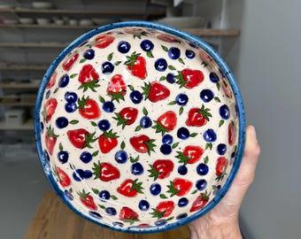 Large ceramic bowl with strawberry blueberry, yogurt fruit berry dish, birthday gift