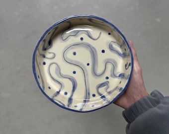 Ceramic bowl with abstract blue art, handmade pottery gift, cozy kitchen decor
