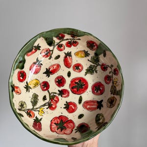Hand Painted Floral Stoneware Bowl, Salad Ceramic Plate With Green Rim ...