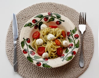 Floral Handcrafted Tomato Salad Plate, Hand Painted Stoneware Bowl, Food Safe Ceramic, Peas Plate, Pasta Dish, Ceramic Gift
