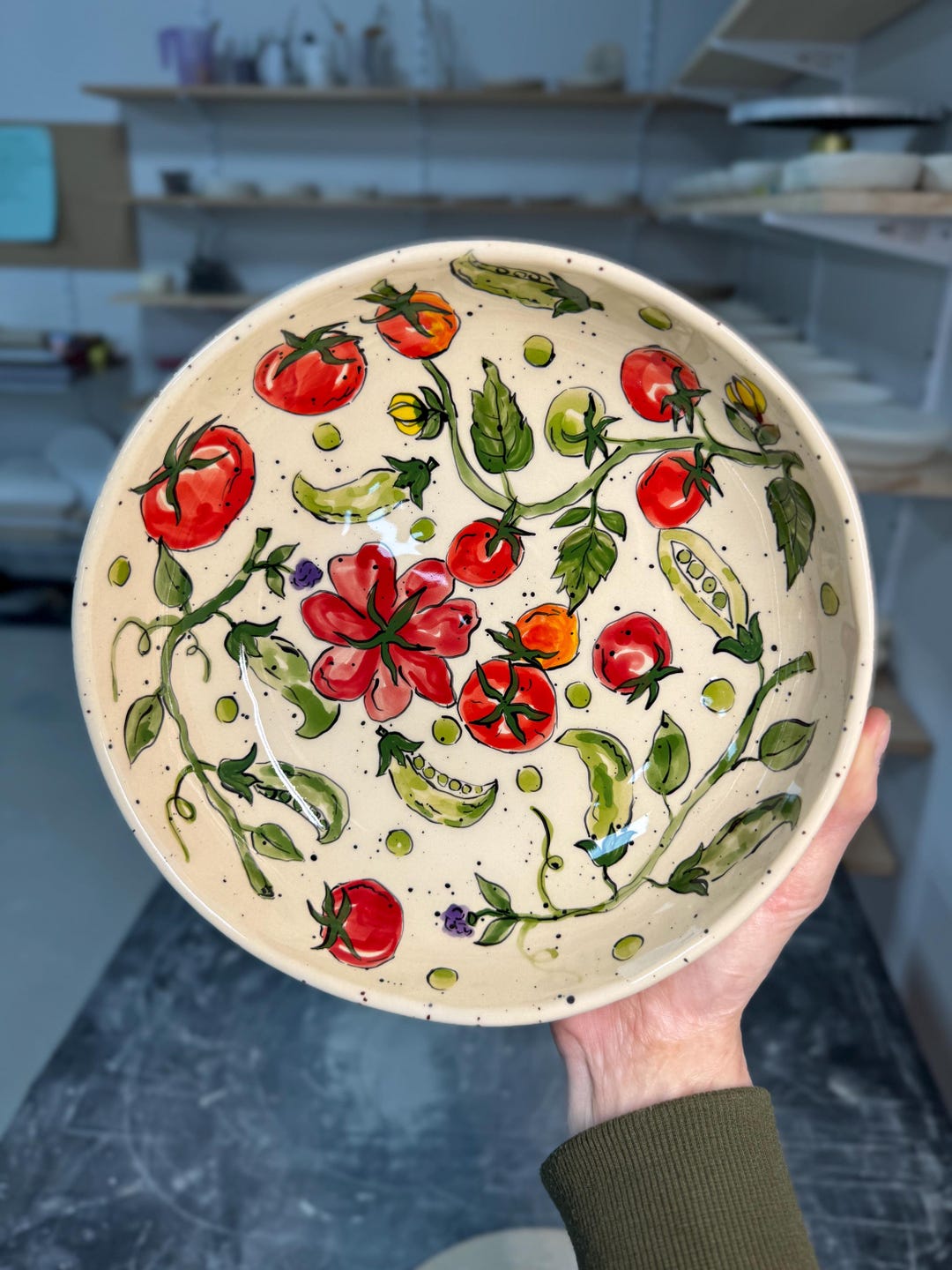 Tomato Peas Salad Plate, Hand Painted Floral Stoneware Bowl, Ceramic Food Lover Gift, Handcrafted Serving Dish